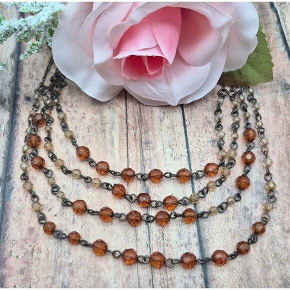 1928 Brand Multi Strand Collar Necklace Bronze Color & Amber Orange Faceted Bead - Picture 1 of 8